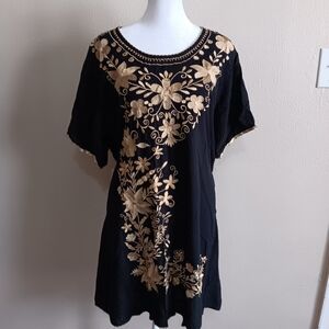 Royal Moda Black Gold Boho Embroidered Women's Tunic Summer Dress Size 2X